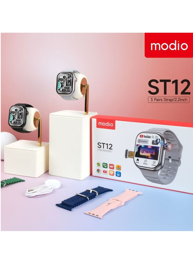 modio ST12 Smart Watch – 2.2-Inch Full Screen Display, 4G SIM Support, 3 Interchangeable Straps & Wireless Charger – Black – For Men and Women - Image 4