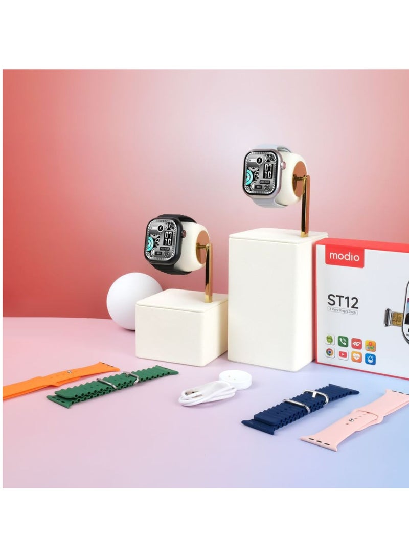 modio ST12 Smart Watch – 2.2-Inch Full Screen Display, 4G SIM Support, 3 Interchangeable Straps & Wireless Charger – Black – For Men and Women - Image 3