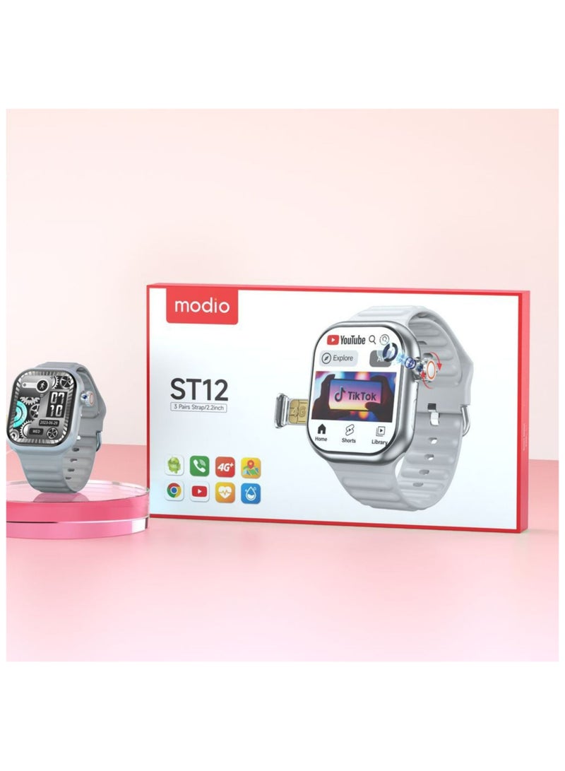 modio ST12 Smart Watch – 2.2-Inch Full Screen Display, 4G SIM Support, 3 Interchangeable Straps & Wireless Charger – Black – For Men and Women - Image 2