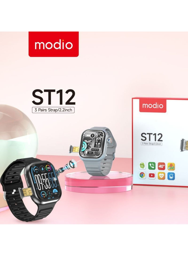 modio ST12 Smart Watch – 2.2-Inch Full Screen Display, 4G SIM Support, 3 Interchangeable Straps & Wireless Charger – Black – For Men and Women - Image 1
