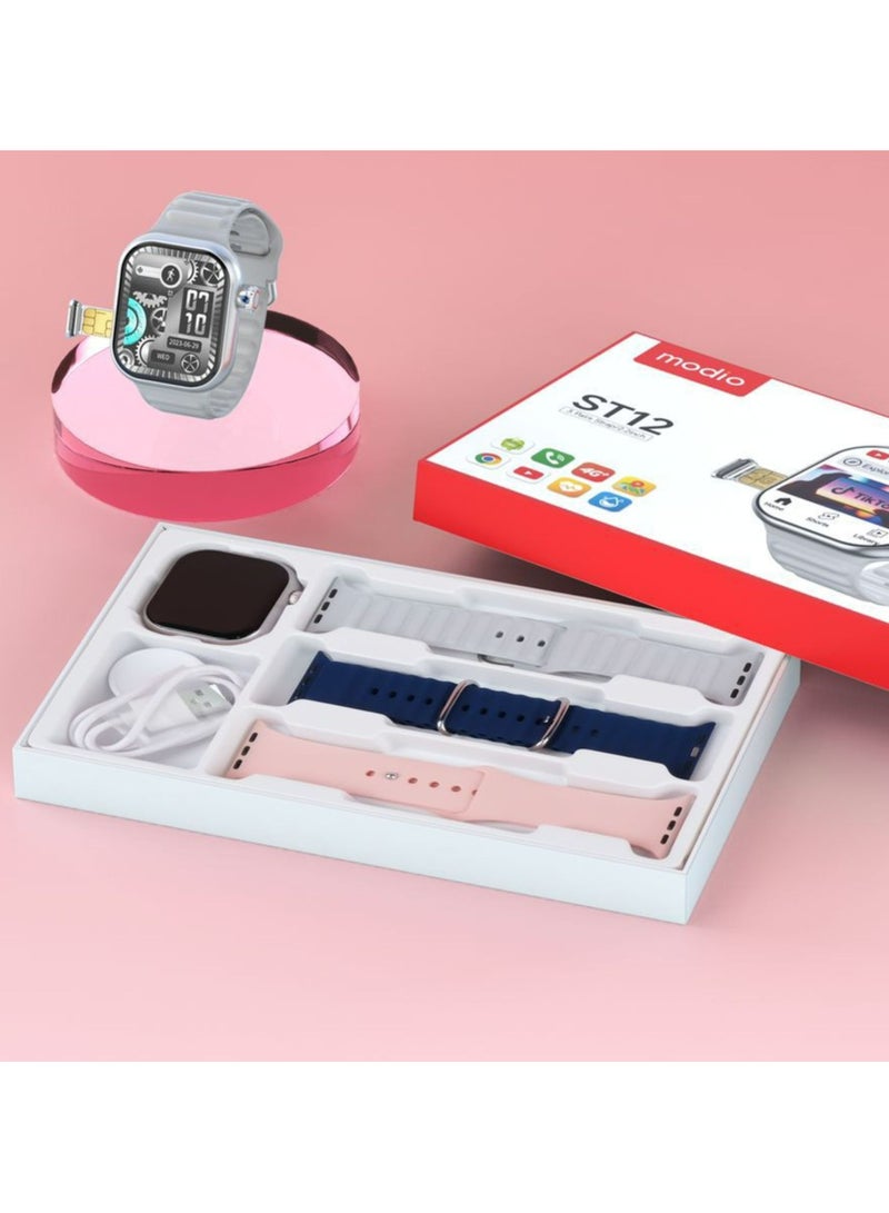 modio ST12 Smart Watch – 2.2-Inch Full Screen Display, 4G SIM Support, 3 Interchangeable Straps & Wireless Charger – Black – For Men and Women - Image 5