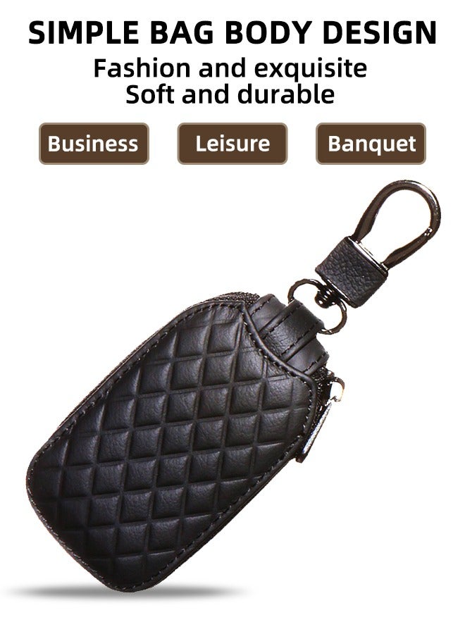 Beauenty Car Key Case  Genuine Leather Remote Key Fob Cover Keychain Holder With Metal Hook Universal Vehicle Keyring Zipper Bag (Black) - Image 2