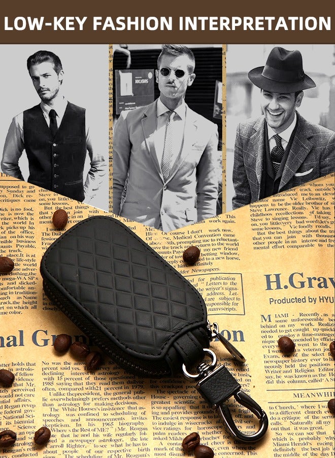 Beauenty Car Key Case  Genuine Leather Remote Key Fob Cover Keychain Holder With Metal Hook Universal Vehicle Keyring Zipper Bag (Black) - Image 5