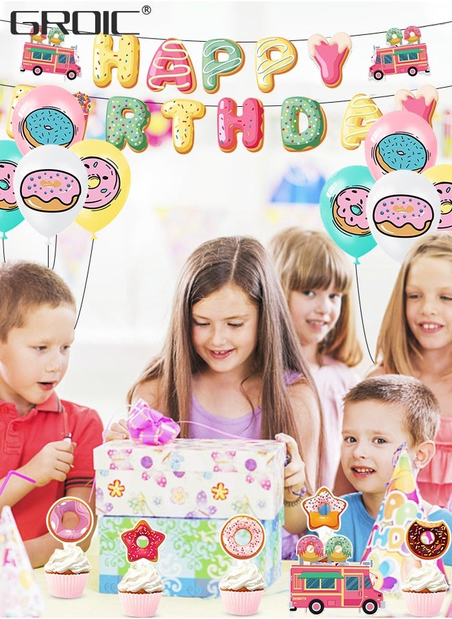 GROIC - Donut Party Supplies Kit,Donut Birthday Party Supplies,Donut Happy Birthday Banner, Cake Topper, Balloons Set for Donut Birthday Party Decorations,Donut Balloons Decoration Kits - Image 1