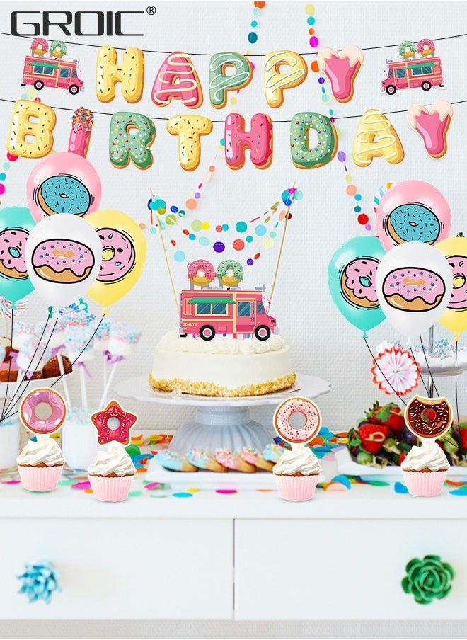 GROIC - Donut Party Supplies Kit,Donut Birthday Party Supplies,Donut Happy Birthday Banner, Cake Topper, Balloons Set for Donut Birthday Party Decorations,Donut Balloons Decoration Kits - Image 1