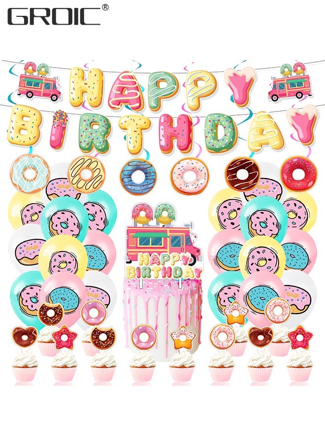 GROIC - Donut Party Supplies Kit,Donut Birthday Party Supplies,Donut Happy Birthday Banner, Cake Topper, Balloons Set for Donut Birthday Party Decorations,Donut Balloons Decoration Kits - Image 1
