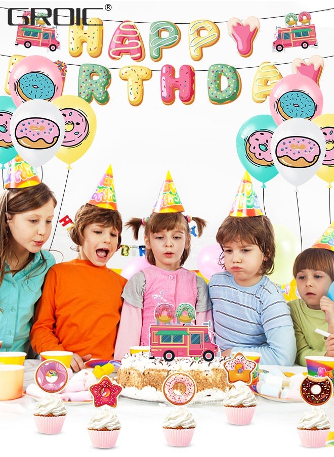 GROIC - Donut Party Supplies Kit,Donut Birthday Party Supplies,Donut Happy Birthday Banner, Cake Topper, Balloons Set for Donut Birthday Party Decorations,Donut Balloons Decoration Kits - Image 1