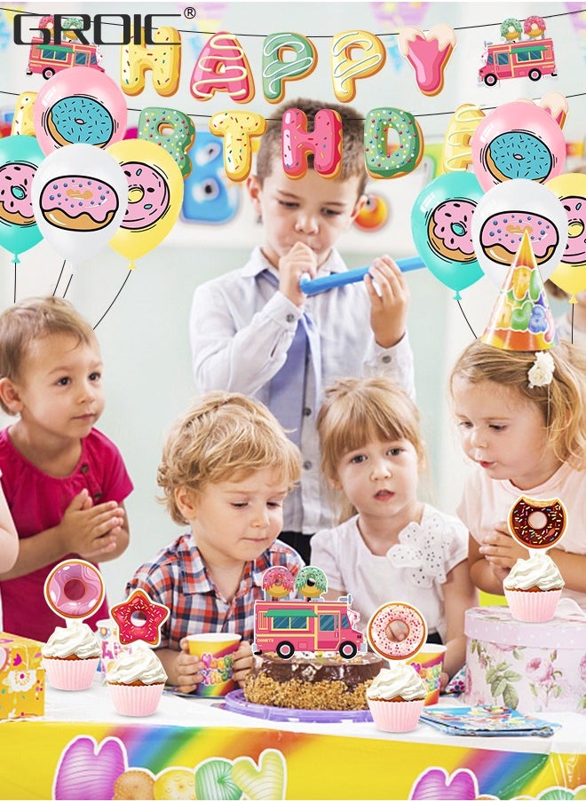 GROIC - Donut Party Supplies Kit,Donut Birthday Party Supplies,Donut Happy Birthday Banner, Cake Topper, Balloons Set for Donut Birthday Party Decorations,Donut Balloons Decoration Kits - Image 1