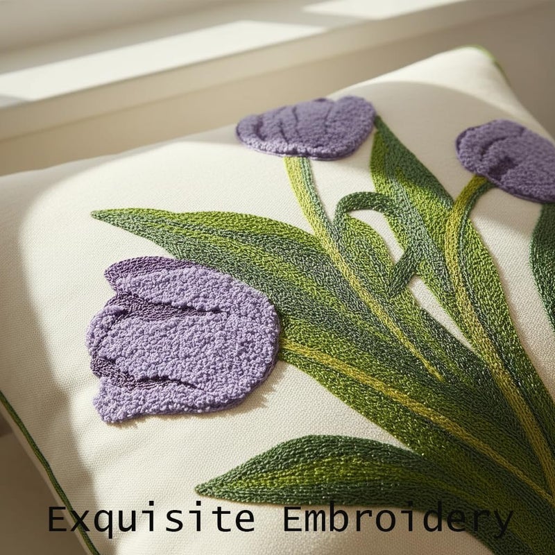 Tosleo أغطية وسائد مطرزة من مقاس 16x16 بوصة، مجموعة من 2، أغطية وسائد زهور التوليب الأرجوانية، أغطية وسائد ربيعية للأريكة، أغطية وسائد من القطن والكتان، مربعة، ديكور منزلي ريفي زهري - Image 3