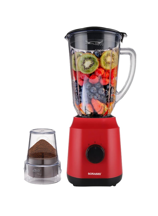 SONASHI 2 in 1 Powerful Blender - 1.8L Unbreakable Blender Jar and Grinding Cup | Featured with 2 Speed Switch with Pulse Control, Overheat Protection, and Safety Lock System 650 W SB-154 Red - Image 1