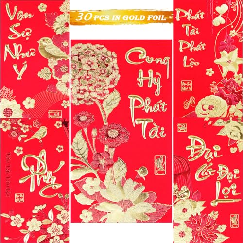 Temogole Vietnamese New Year Red Envelopes,Hong Bao Li Xi Lucky Money Packet for Lunar New Year,2026 New Year Red Envelope,5 Designs 30 Pcs - Image 1