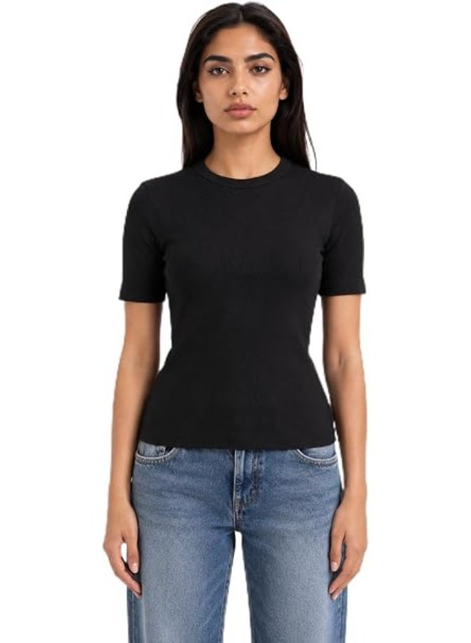 Nileton Women's Basic Ribbed Knit - Cotton Crew Neck T-Shirt - Slim Fit Half Sleeve Stretchy Fitted Casual Everyday Tee - Image 1