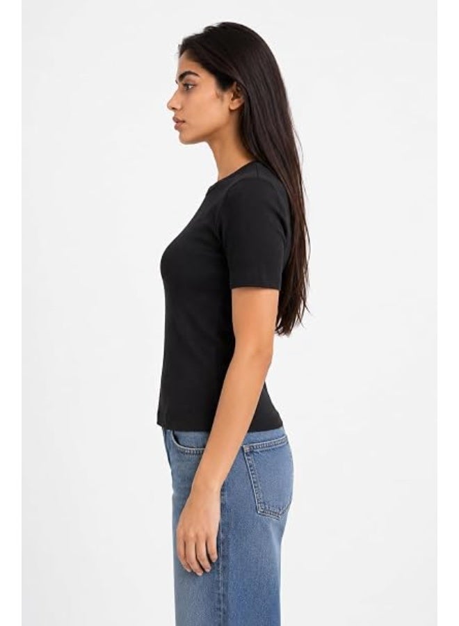 Nileton Women's Basic Ribbed Knit - Cotton Crew Neck T-Shirt - Slim Fit Half Sleeve Stretchy Fitted Casual Everyday Tee - Image 4