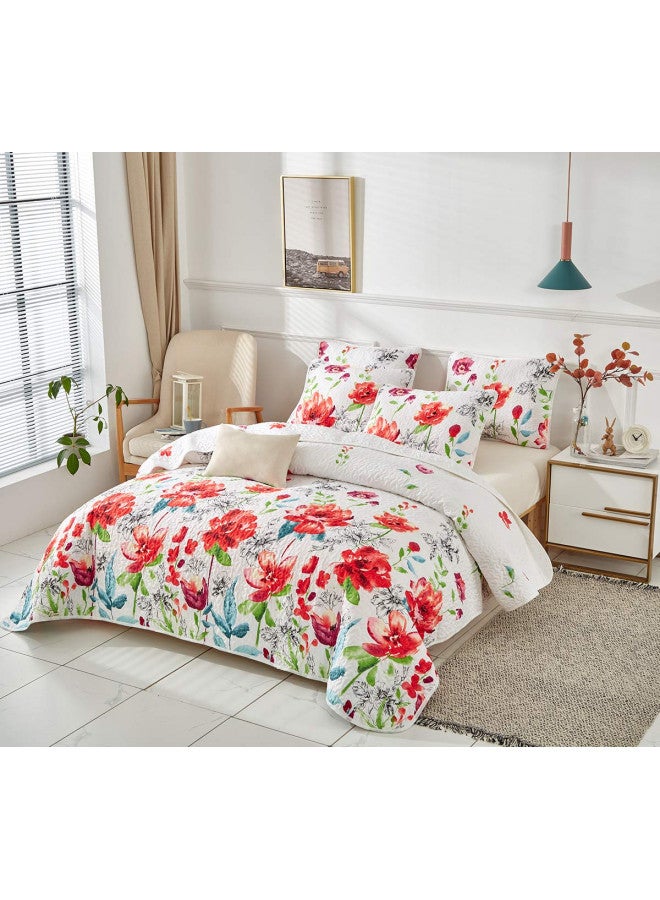 UOZZI BEDDING 3 Piece King Reversible Floral Quilt Set White Red Green Colorful Soft Microfiber Lightweight Summer Coverlet Red Flowers Adult Bedspread for All Season -1 Quilt +2 Pillow Shams - Image 4