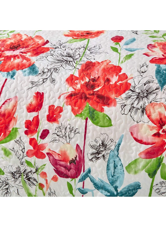 UOZZI BEDDING 3 Piece King Reversible Floral Quilt Set White Red Green Colorful Soft Microfiber Lightweight Summer Coverlet Red Flowers Adult Bedspread for All Season -1 Quilt +2 Pillow Shams - Image 5