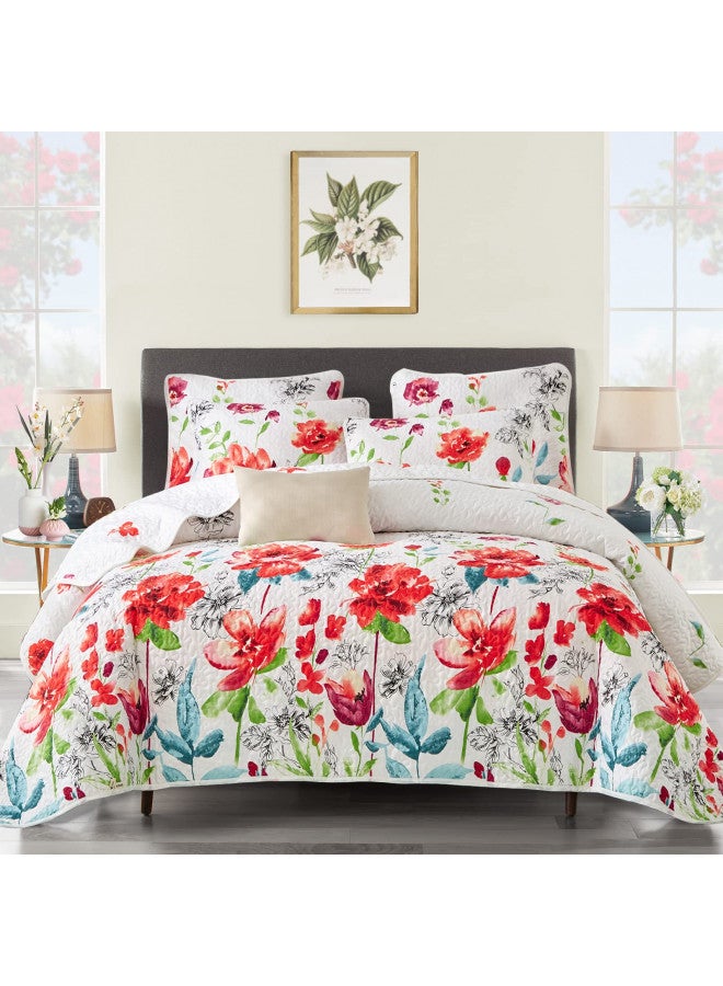 UOZZI BEDDING 3 Piece King Reversible Floral Quilt Set White Red Green Colorful Soft Microfiber Lightweight Summer Coverlet Red Flowers Adult Bedspread for All Season -1 Quilt +2 Pillow Shams - Image 1