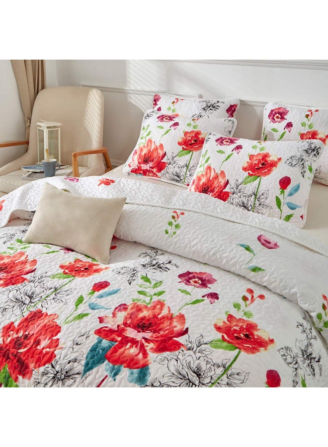 UOZZI BEDDING 3 Piece King Reversible Floral Quilt Set White Red Green Colorful Soft Microfiber Lightweight Summer Coverlet Red Flowers Adult Bedspread for All Season -1 Quilt +2 Pillow Shams - Image 3