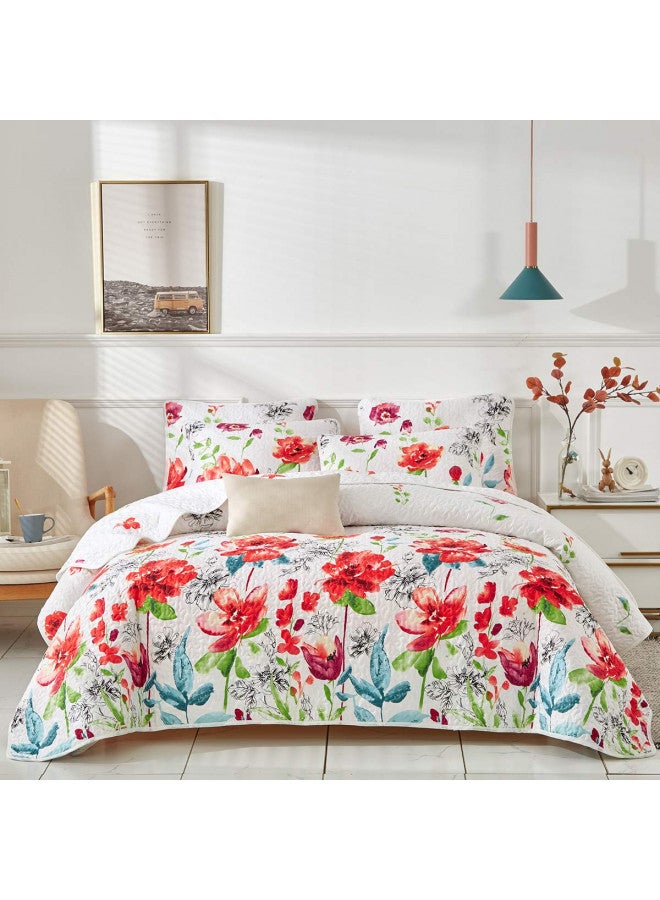 UOZZI BEDDING 3 Piece King Reversible Floral Quilt Set White Red Green Colorful Soft Microfiber Lightweight Summer Coverlet Red Flowers Adult Bedspread for All Season -1 Quilt +2 Pillow Shams - Image 2