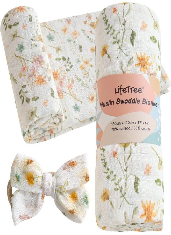 LifeTree - LifeTree Baby Muslin Swaddle Blankets for Boys & Girls, Newborn Swaddle Set with Matching Headband Bow, Neutral Infant Receiving Blanket Swaddle Wrap, 47 x 47 inches, Floral Motif, Bamboo Cotton - Image 1