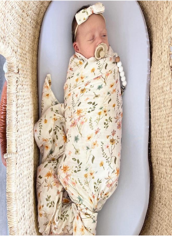 LifeTree - LifeTree Baby Muslin Swaddle Blankets for Boys & Girls, Newborn Swaddle Set with Matching Headband Bow, Neutral Infant Receiving Blanket Swaddle Wrap, 47 x 47 inches, Floral Motif, Bamboo Cotton - Image 1