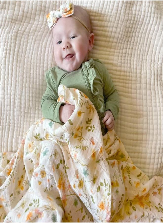 LifeTree - LifeTree Baby Muslin Swaddle Blankets for Boys & Girls, Newborn Swaddle Set with Matching Headband Bow, Neutral Infant Receiving Blanket Swaddle Wrap, 47 x 47 inches, Floral Motif, Bamboo Cotton - Image 1