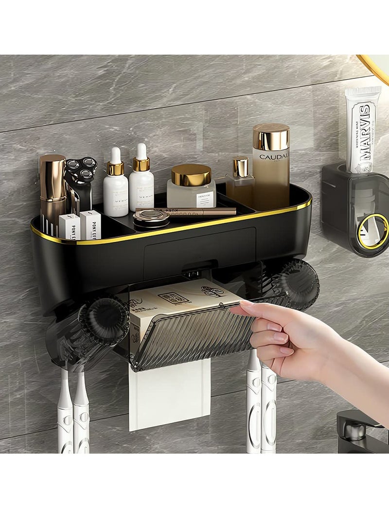 SYOSI Toothbrush Holder Wall Mounted Electric Toothbrush Holder with 1 Automatic Toothpaste Dispenser and Tissue Storage Box 4 Toothbrush Slots and 2 Cups No punching Watter Damp proof for Bathroom Black  - Image 4