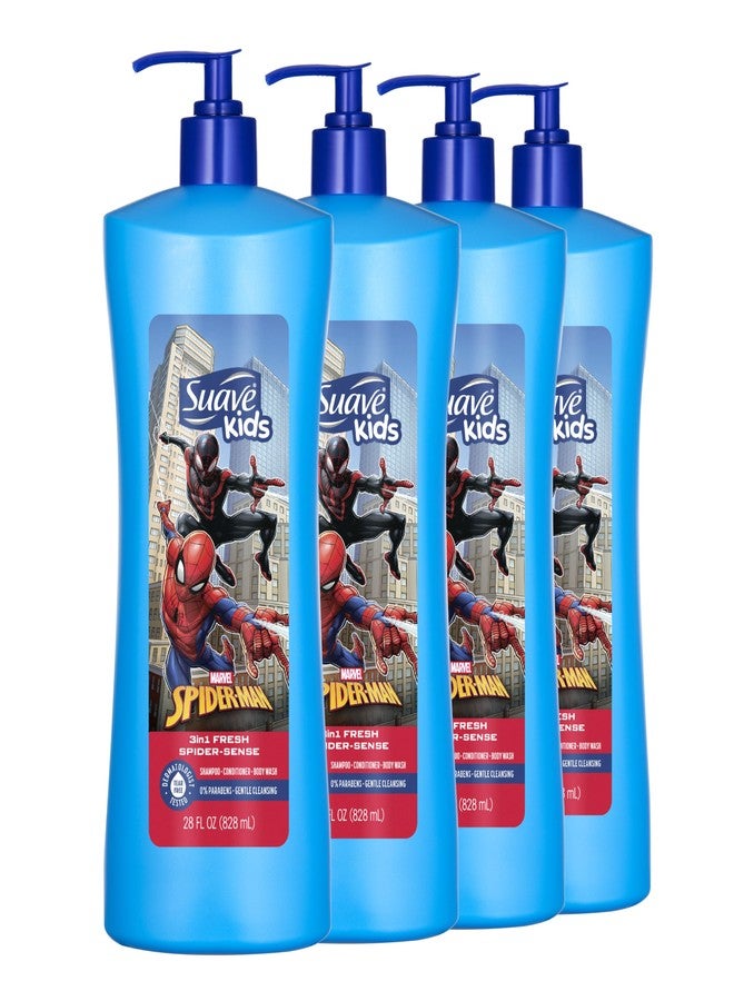 Suave Kids Marvel Spiderman 3 in 1 Shampoo, Conditioner, Body Wash, Fresh Spider Sense, Tear-Free & Gentle, Dermatologist Tested, 4 Count, 28 FL OZ Pump - Image 1
