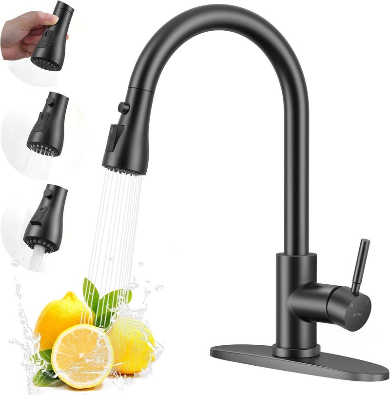 Arofa Matte Black Kitchen Faucet, Kitchen Sink Faucet with Pull Down Sprayer Single Handle Stainless Steel Commercial Modern for 1 or 3 Hole Farmhouse Camper Laundry Utility Rv Bar Sinks - Image 1