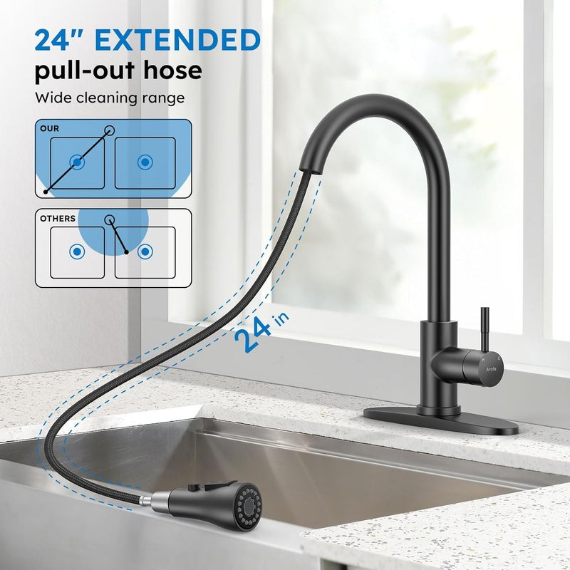 Arofa Matte Black Kitchen Faucet, Kitchen Sink Faucet with Pull Down Sprayer Single Handle Stainless Steel Commercial Modern for 1 or 3 Hole Farmhouse Camper Laundry Utility Rv Bar Sinks - Image 3