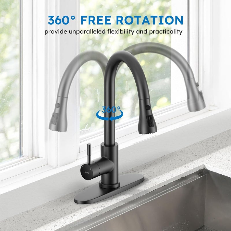 Arofa Matte Black Kitchen Faucet, Kitchen Sink Faucet with Pull Down Sprayer Single Handle Stainless Steel Commercial Modern for 1 or 3 Hole Farmhouse Camper Laundry Utility Rv Bar Sinks - Image 5