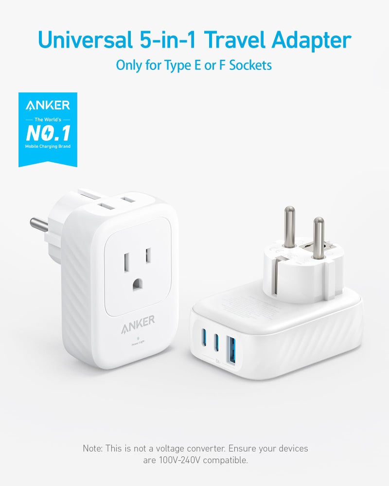 Anker Travel Adapter, European Travel Plug Adapter, US to Europe Internationl Travel Essentials, 2 AC, 1 USB A, 2 USB C for 15W, Compact Type E/F for iPhone, iPad, TUV Listed (Not for Type L/G) - Image 2