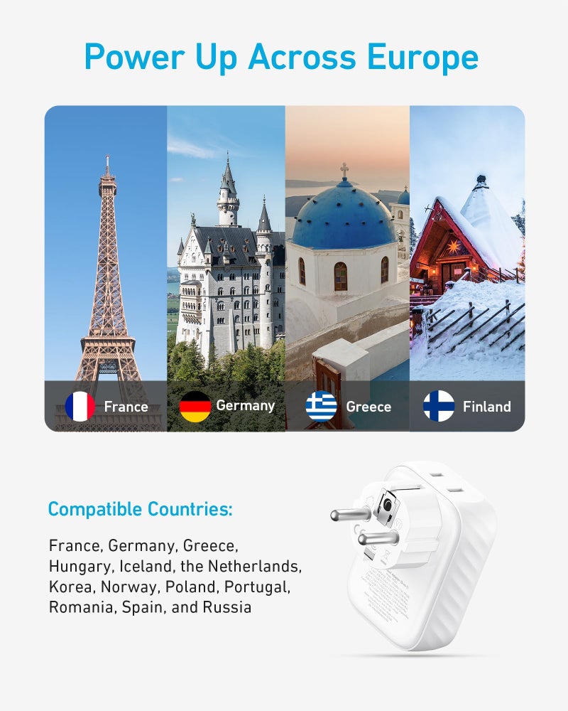 Anker Travel Adapter, European Travel Plug Adapter, US to Europe Internationl Travel Essentials, 2 AC, 1 USB A, 2 USB C for 15W, Compact Type E/F for iPhone, iPad, TUV Listed (Not for Type L/G) - Image 5