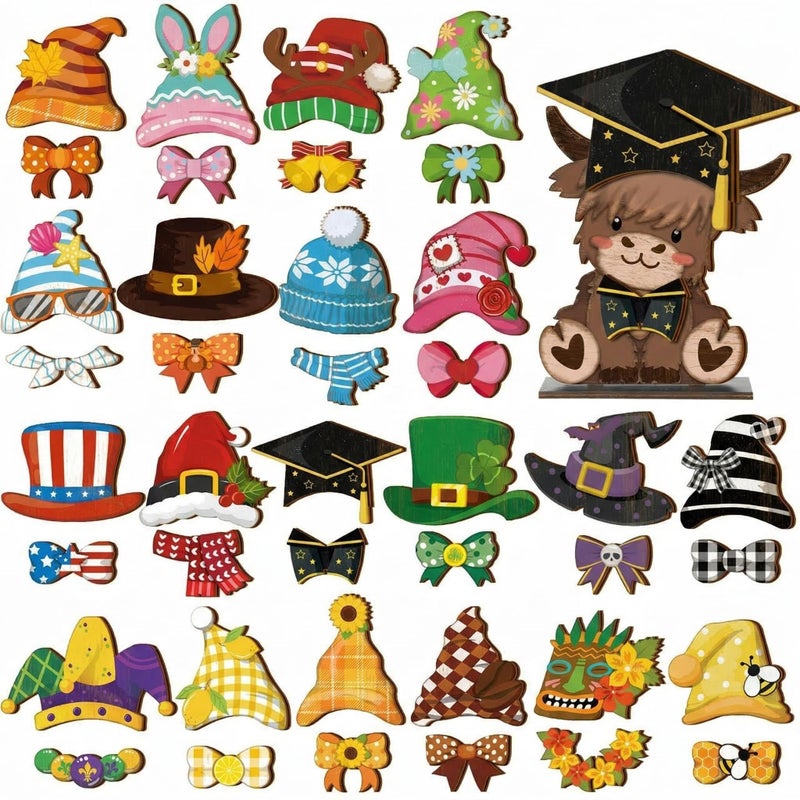 Anglechic 42 Pcs Interchangeable Highland Cow Graduation Gift Holiday Highland Cow Decor Seasonal Sign Farmhouse Rustic Wooden Desk Accessories Welcome Ornament Tiered Tray Decorations for Home Office - Image 1