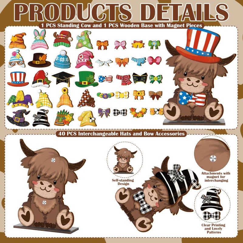 Anglechic 42 Pcs Interchangeable Highland Cow Graduation Gift Holiday Highland Cow Decor Seasonal Sign Farmhouse Rustic Wooden Desk Accessories Welcome Ornament Tiered Tray Decorations for Home Office - Image 3