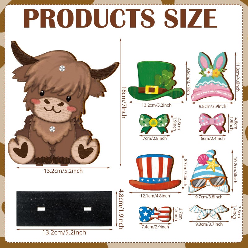 Anglechic 42 Pcs Interchangeable Highland Cow Graduation Gift Holiday Highland Cow Decor Seasonal Sign Farmhouse Rustic Wooden Desk Accessories Welcome Ornament Tiered Tray Decorations for Home Office - Image 2
