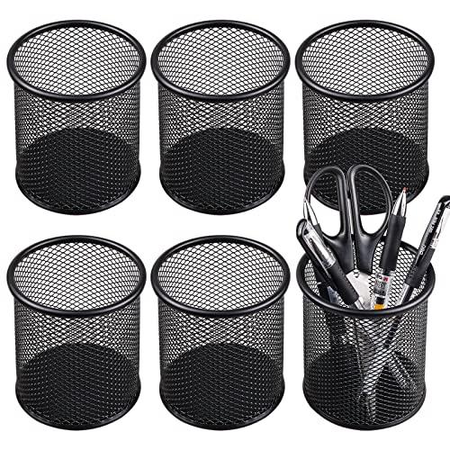 QYH Mesh Pen Cup Metal Pencil Holder for Desk 6 Packs Black Pen Organizer Office 3.54x3.93 Inch - Image 1