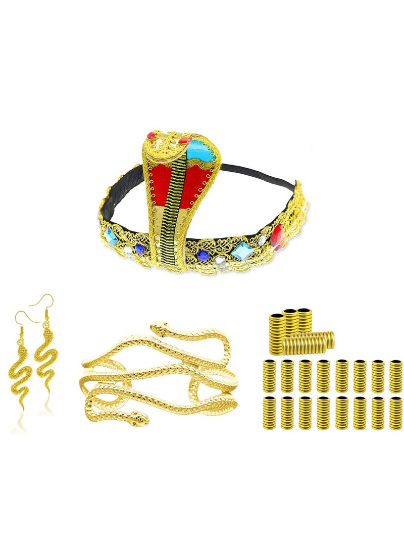Excefore Egyptian Costume Accessories, Egyptian Headpiece, 25 Pieces Egyptian Cleopatra Costume Accessories, Snake Headpiece Golden Arm Cuff Earrings Jewelry Set, for Women Girls Cosplay - Image 1