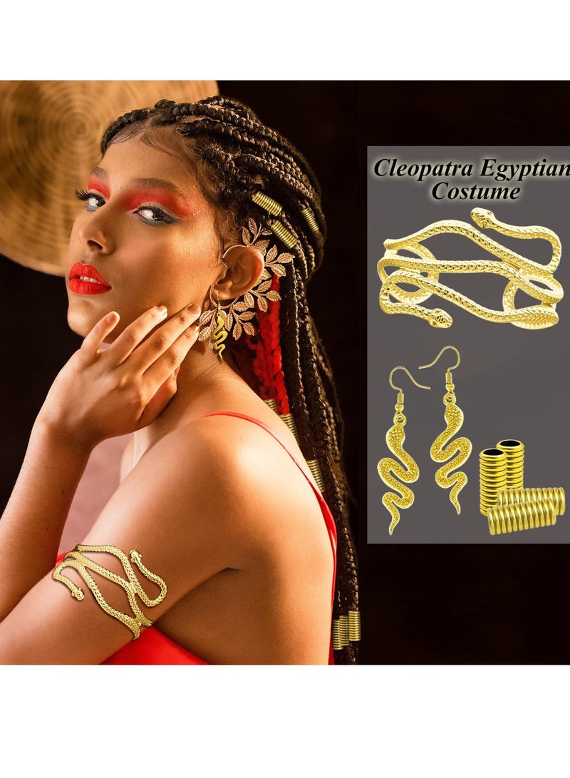Excefore Egyptian Costume Accessories, Egyptian Headpiece, 25 Pieces Egyptian Cleopatra Costume Accessories, Snake Headpiece Golden Arm Cuff Earrings Jewelry Set, for Women Girls Cosplay - Image 4