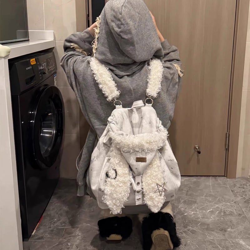 Cute Fluffy Rabbit Ears Backpack for Women, Large Capacity, 2025 Fall/Winter - Image 1
