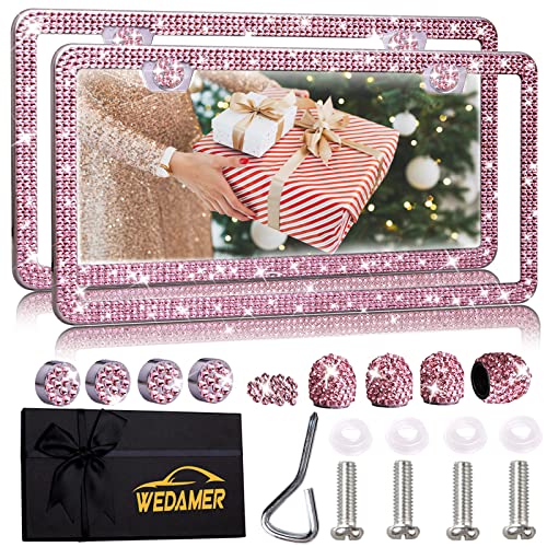 WEDAMER Pink License Plate Frame Bling License Plate Frames for Women Sparkly Rhinestone License Plate Frame Diamond Bedazzled Glitter License Plate Frames Cover Holder 2Pack Bling Tire Valve Caps