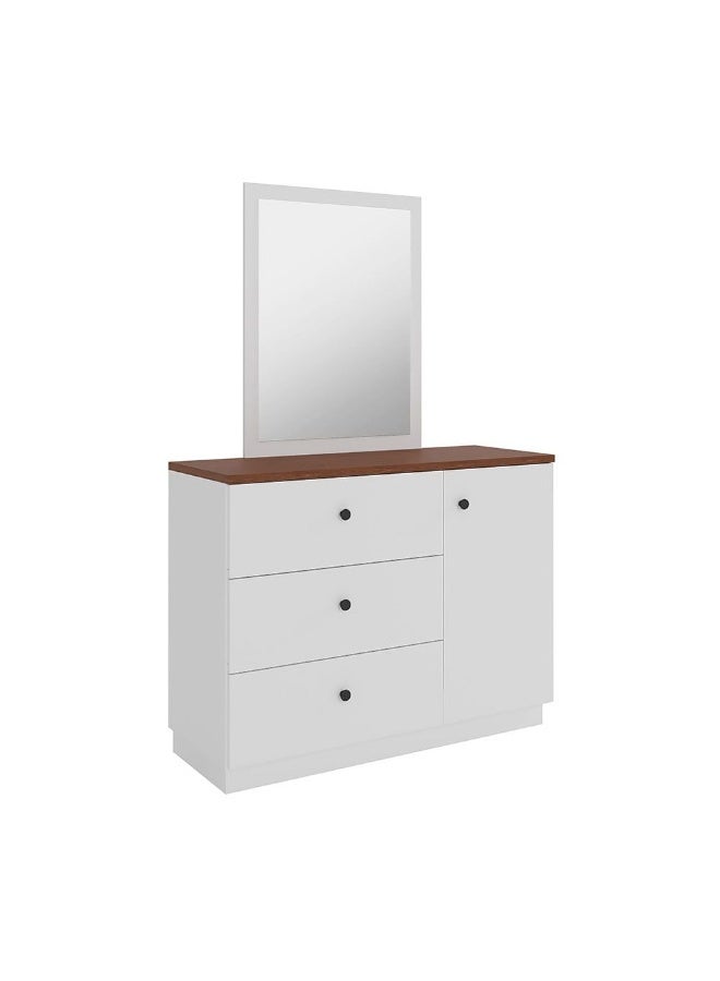 DANUBE HOME Pera Dresser With Mirror 4 Large Drawer Storage Dresser Durable Vanity Table Dressing Makeup Desk With Storage Modern Design Bedroom Furniture - White / Light Walnut  - Image 3