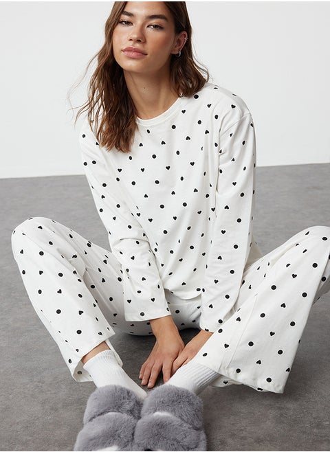 Ecru 100% Cotton Polka Dot and Heart Patterned Knitted Pajama Set THMAW25PT00039