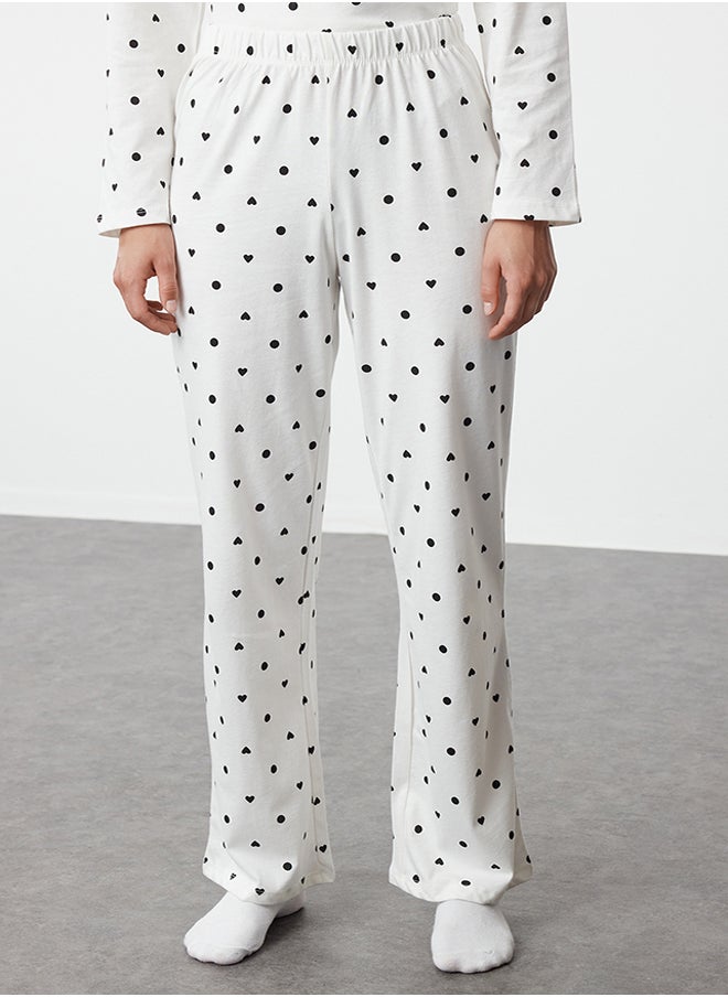 Ecru 100% Cotton Polka Dot and Heart Patterned Knitted Pajama Set THMAW25PT00039