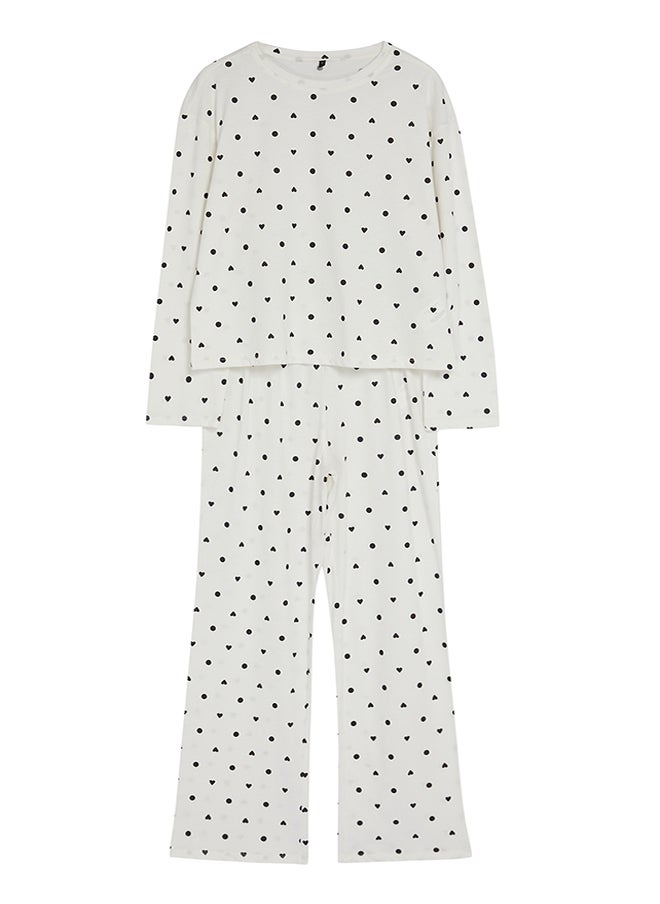 Ecru 100% Cotton Polka Dot and Heart Patterned Knitted Pajama Set THMAW25PT00039