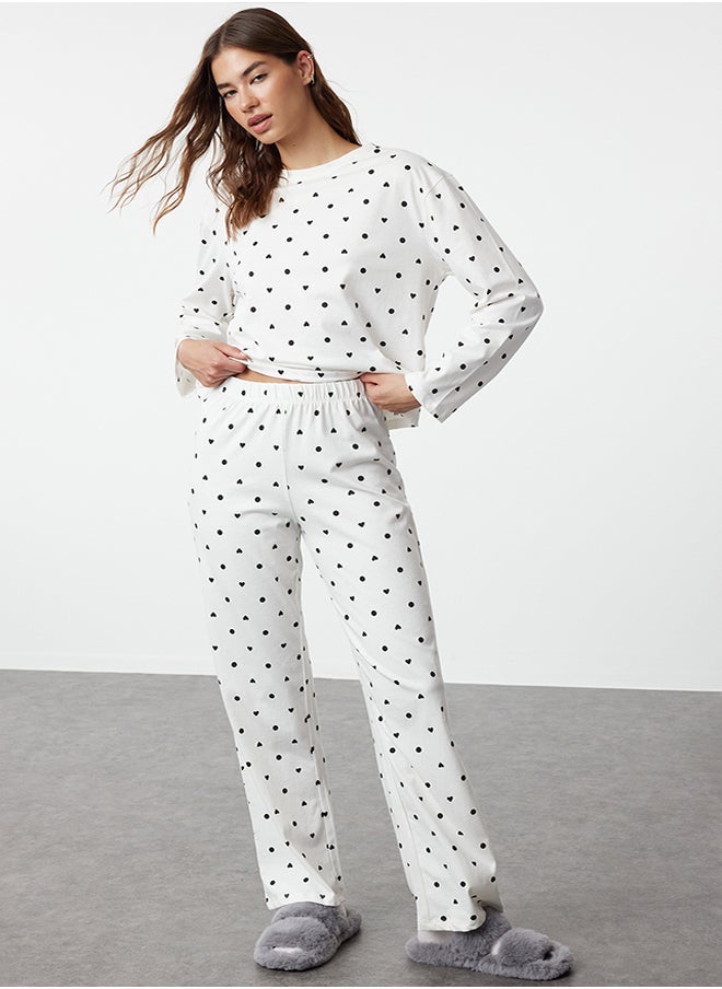 Ecru 100% Cotton Polka Dot and Heart Patterned Knitted Pajama Set THMAW25PT00039