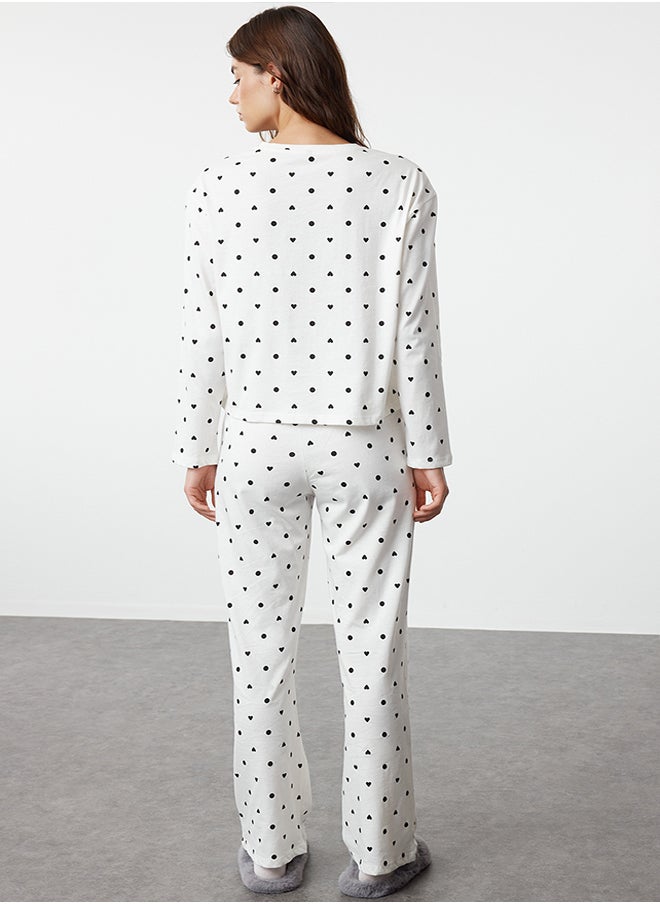 Ecru 100% Cotton Polka Dot and Heart Patterned Knitted Pajama Set THMAW25PT00039