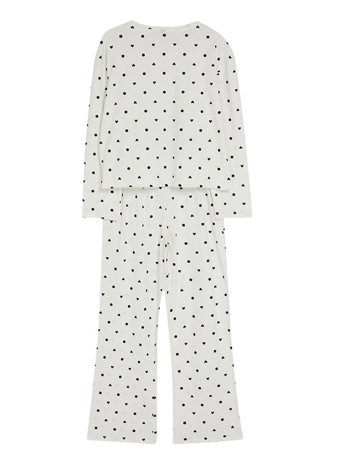 Ecru 100% Cotton Polka Dot and Heart Patterned Knitted Pajama Set THMAW25PT00039