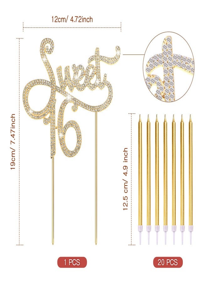 Tondiamo Sweet 16 Birthday Decorations Rhinestone Sweet 16 Cake Toppers 20 Pcs Metallic Happy Birthday Candles 16 Cake Decorations for Cupcake Decor(Gold White) - Image 2
