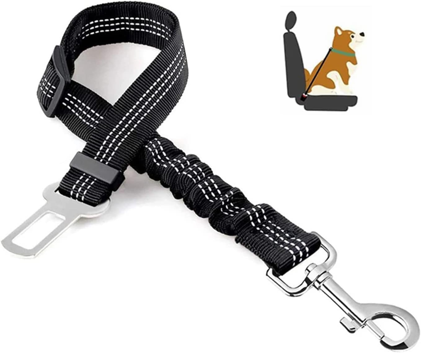 THE ONE Adjustable Elastic Dog Seat Belt for Cars - Durable Bungee Harness with 360° Swivel Attachment - Reflective and Easy to Use (Black)