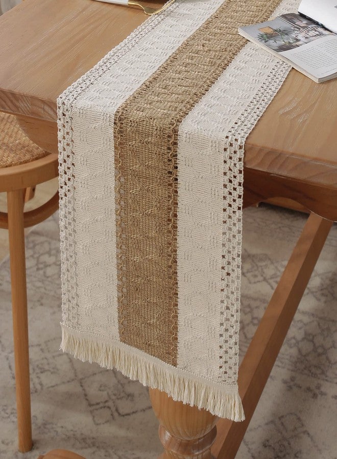 Jeloris Boho Burlap Macrame Table Runner, Farmhouse Style Cotton Linen Rustic Woven Table Runner with Tassels for Dining, Wedding, Bridal Shower, Bohemian (12x108 inch, Coffee Stripe) - Image 1
